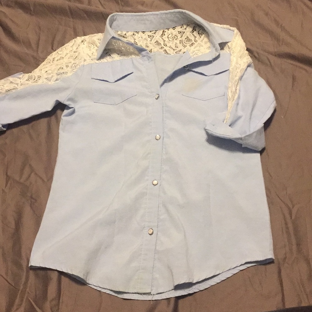 Cotton Blue Button Down with Lace Inserts
